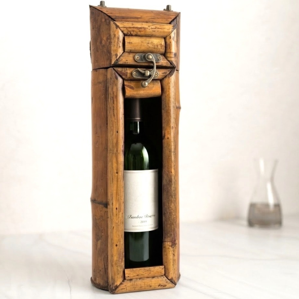 Handcrafted Bamboo Wine Bottle Gift Box Rustic Natural Wood Carrier with Latch